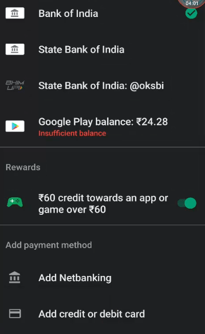 select payment method in google play store