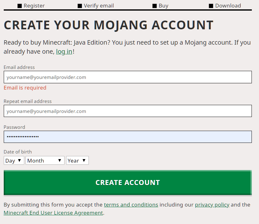 create your mojang or minecraft account