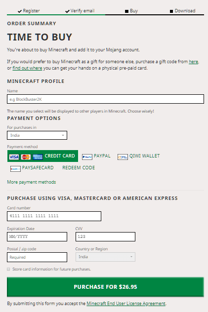 fill details to buy minecraft java edition