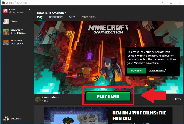 the Minecraft launcher is showing me to play the demo